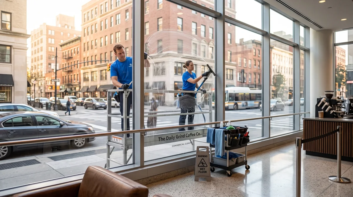 Two SG Window Cleaning technicians washing a large storefront pane from inside a cafe while traffic passes on the street outside