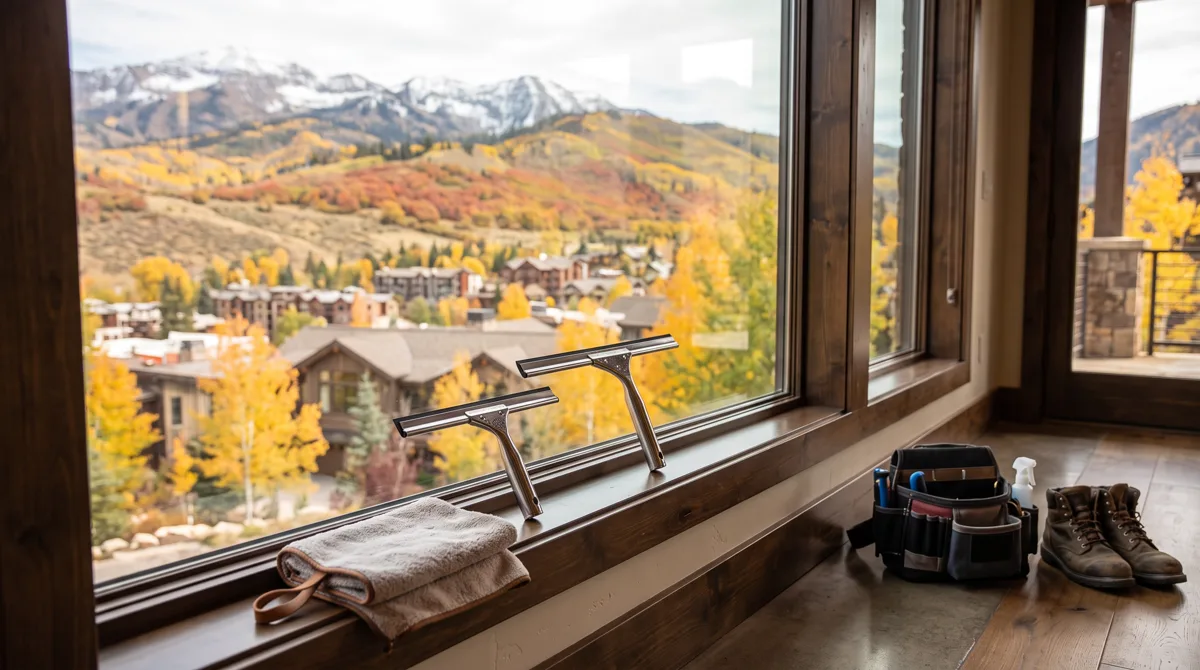 Squeegees, a folded towel, and a tool bag on the interior sill of a Park City window with an autumn mountain view