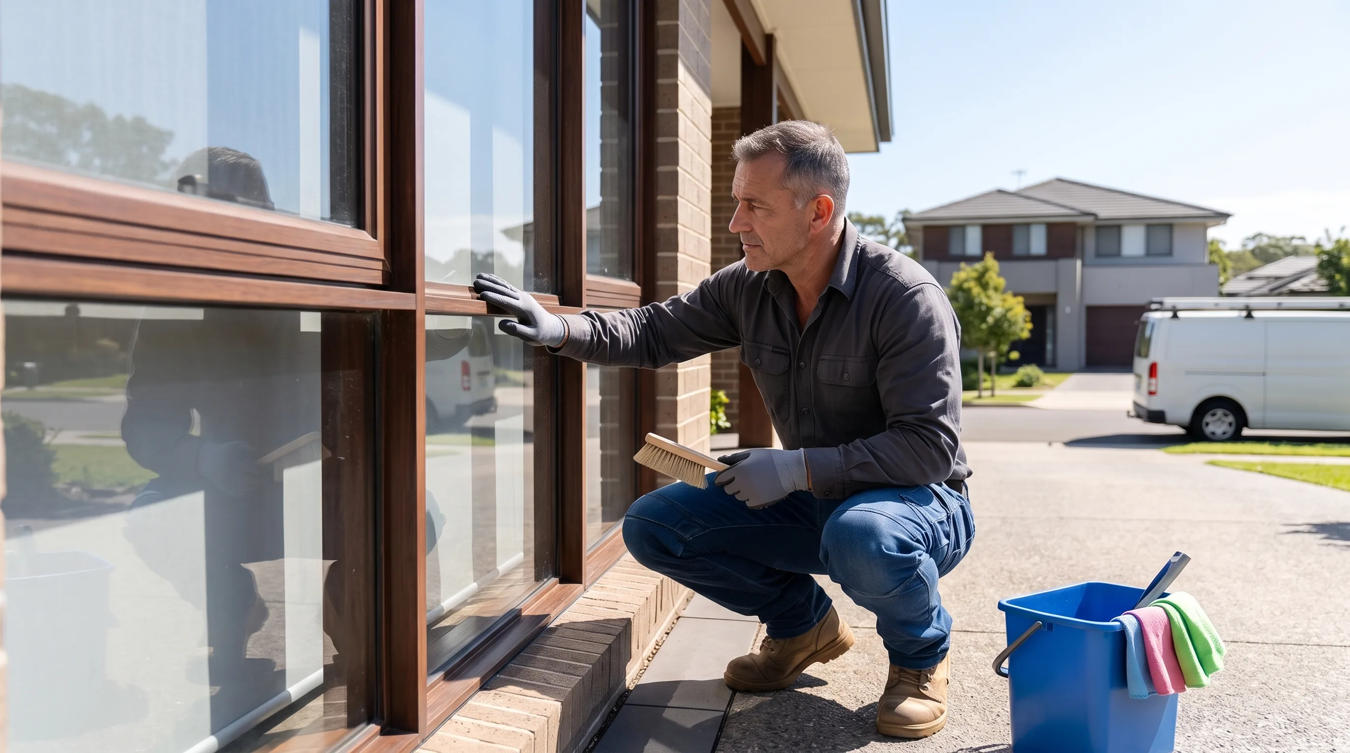 SG Window Cleaning technician reviewing a window before washing begins