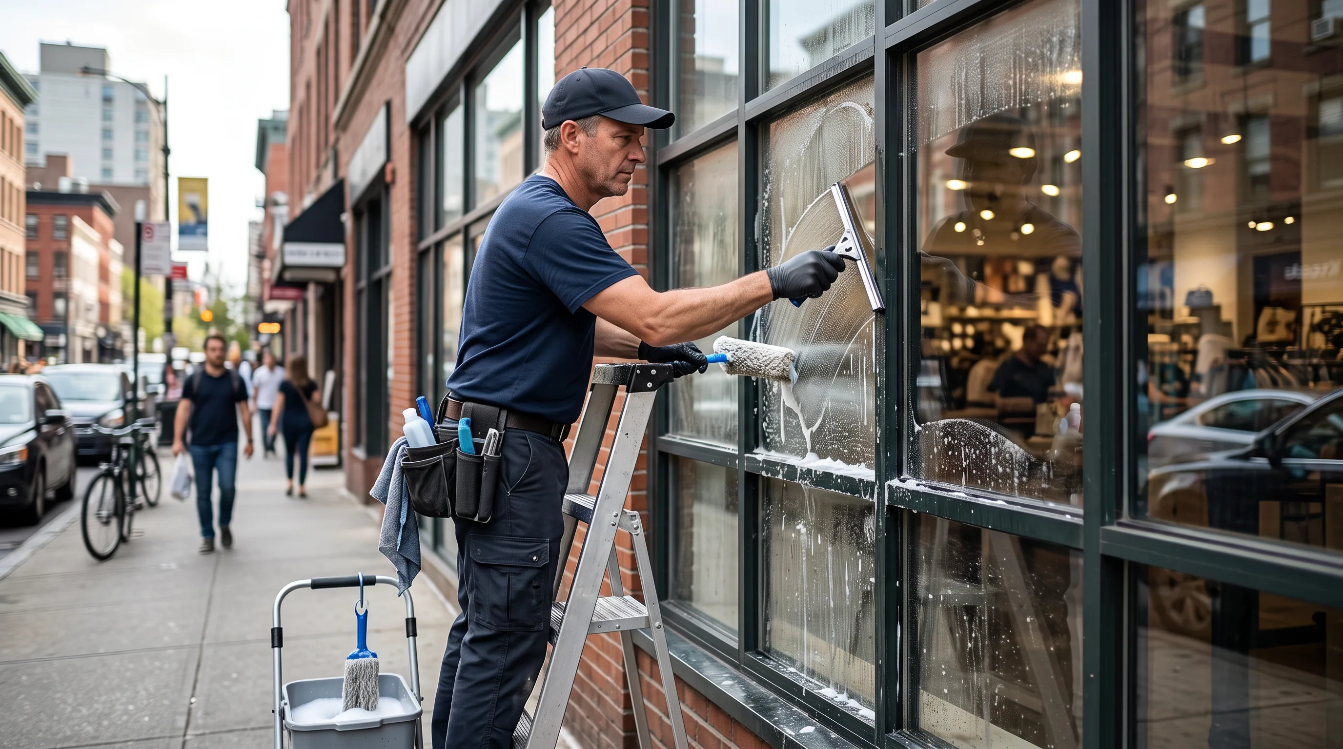 SG Window Cleaning technician squeegeeing a soapy storefront window along a busy sidewalk